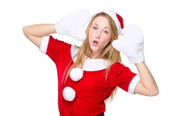 Linda menina de Natal com as mãos na orelha — Fotografia de Stock