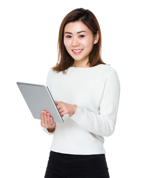 Asian young woman in white sweater — Stock Photo, Image