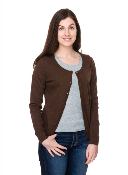 Caucasian young woman in brown cardigan — Stock Photo, Image