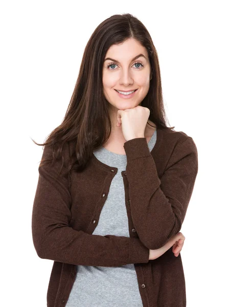Kaukaski kobieta młody w brązowy sweter — Zdjęcie stockowe