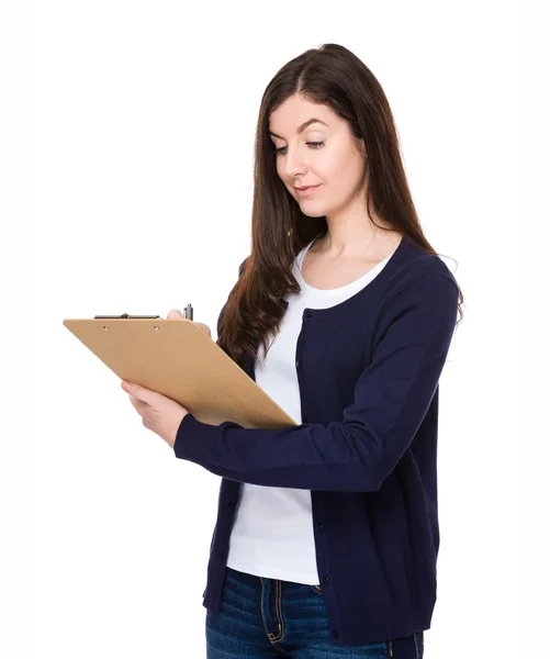 Caucasian young woman in blue cardigan — Stock Photo, Image