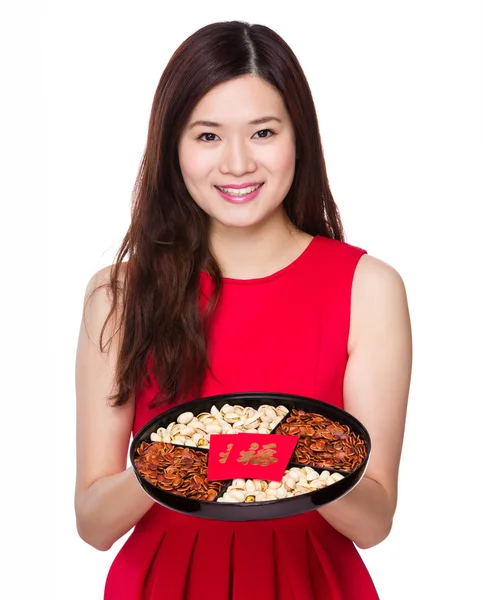 Chinese young woman in red dress — Stock Photo, Image