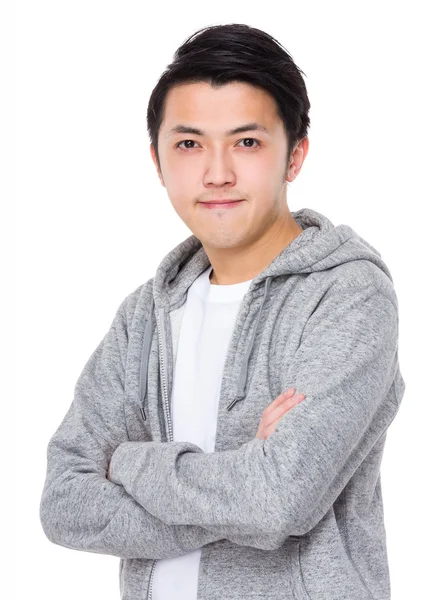 Ásia bonito homem no cinza hoodie — Fotografia de Stock