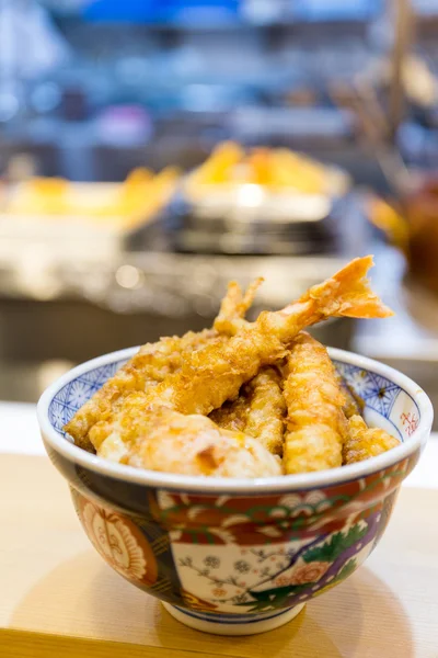 Tempura served over a bowl of rice — Stock Photo, Image