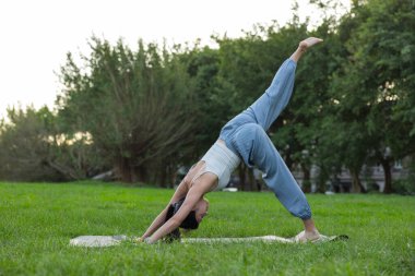 Parkta üç bacaklı köpek yoga pozu veren kadın.