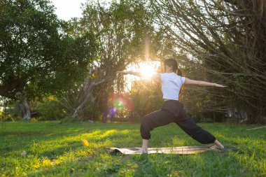 Park savaşçısı pozunda yoga yapan kadın.