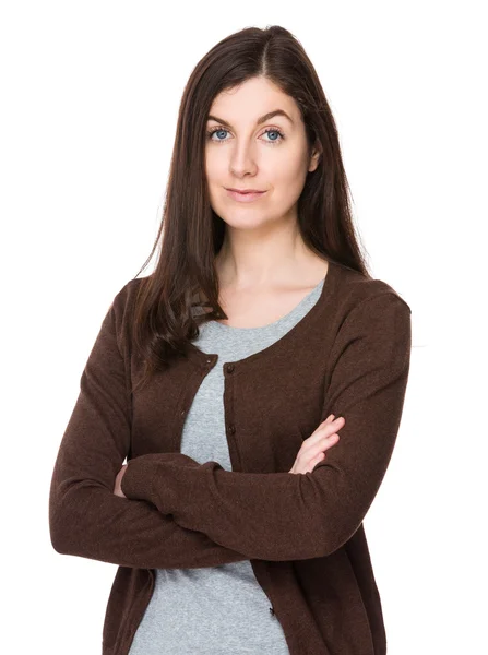 Caucasian young woman in brown cardigan — Stock Photo, Image