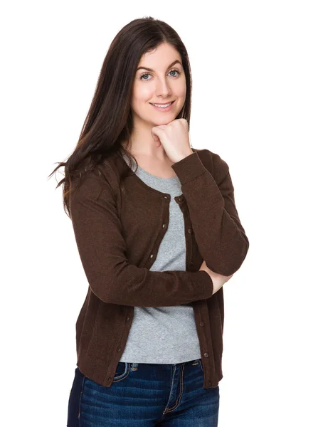 Caucasian young woman in brown cardigan — Stock Photo, Image