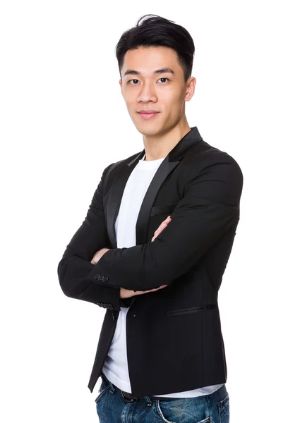 Aziatische knappe zakenman in zwarte jas — Stockfoto