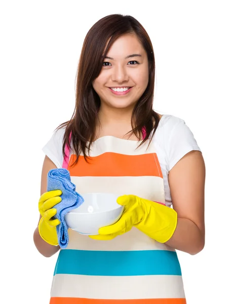 Asian young housewife in apron — Stock Photo, Image