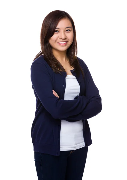 Asiática jovem mulher em azul cardigan — Fotografia de Stock