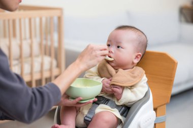 Anne evde püreyle bebeği besliyor.