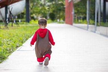 Bebeğin parkta tek başına yürüyüşünün arka görüntüsü.
