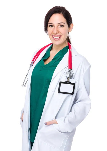 Doktor Kavkazský žena v bílém plášti — Stock fotografie
