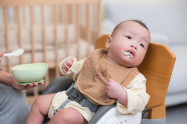 Anne yeni doğmuş bebeğe evde yumuşak püre veriyor.