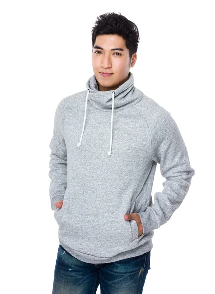 Young asian man in grey sweater — Stock Photo, Image