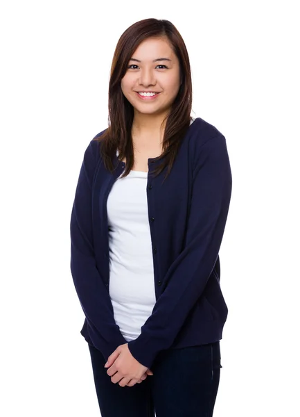 Asian young woman in blue cardigan — Stock Photo, Image