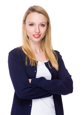 Mavi hırka beyaz genç kadın