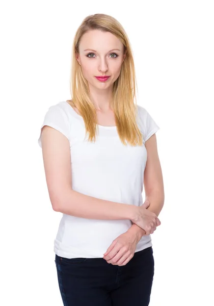 Caucasian young woman in white t-shirt — Stock Photo, Image