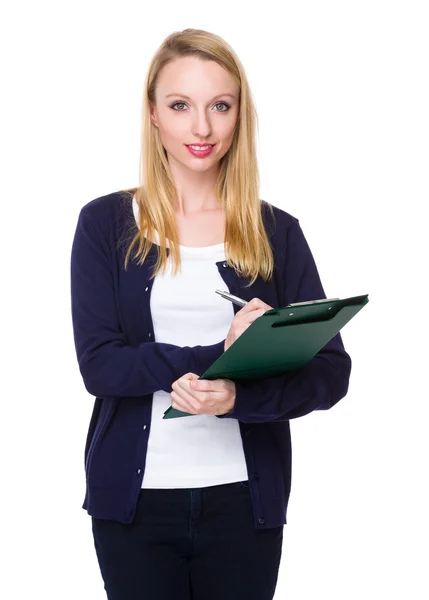 Caucasian young woman in blue cardigan — Stock Photo, Image