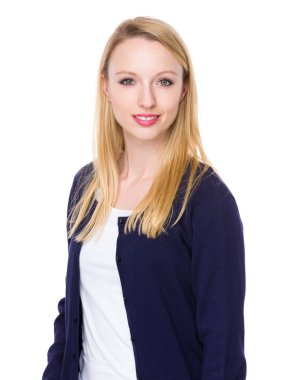 Mavi hırka beyaz genç kadın