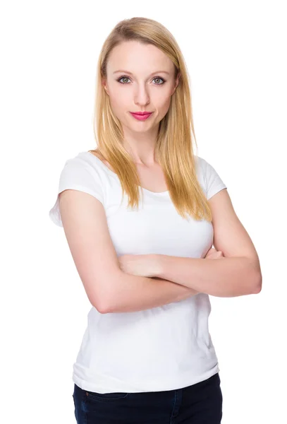 Branco jovem mulher no branco t-shirt — Fotografia de Stock