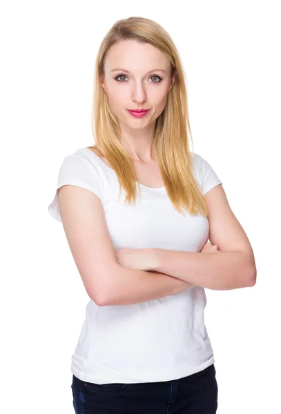 Caucasian young woman in white t-shirt — Stock Photo, Image