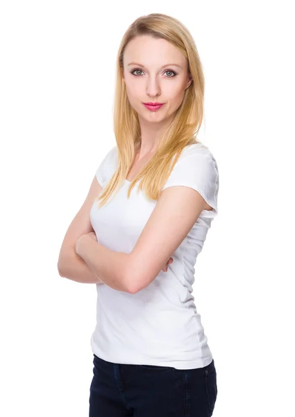 Caucasian young woman in white t-shirt — Stock Photo, Image