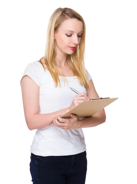 Caucasian young woman in white t-shirt — Stock Photo, Image