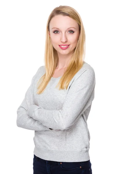 Caucasian young woman in grey sweater — Stock Photo, Image