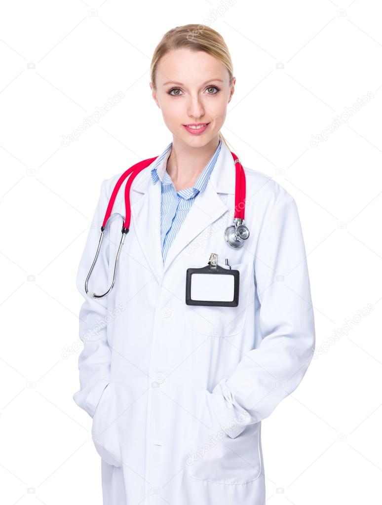 Caucasian woman doctor in white coat