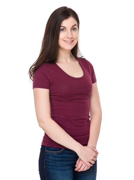 Kırmızı t-shirt beyaz genç kadın — Stok fotoğraf