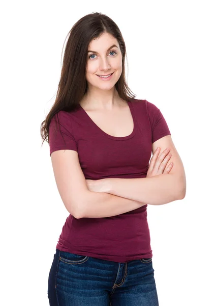 Branco jovem mulher no vermelho t-shirt — Fotografia de Stock