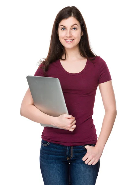 Branco jovem mulher no vermelho t-shirt — Fotografia de Stock