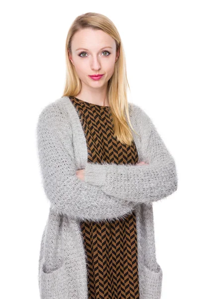 Kavkazská mladá žena v šedý svetr — Stock fotografie