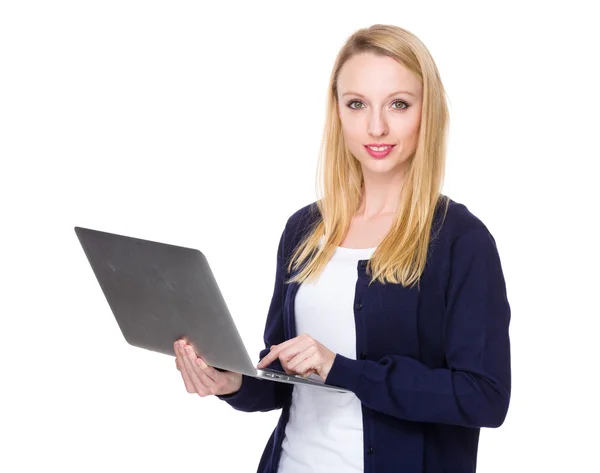 Caucasian young woman in blue cardigan — Stock Photo, Image