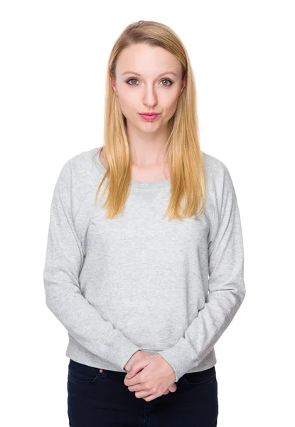 Caucasian young woman in grey sweater — Stock Photo, Image