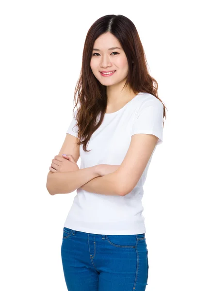 Asiático jovem mulher em branco t-shirt — Fotografia de Stock