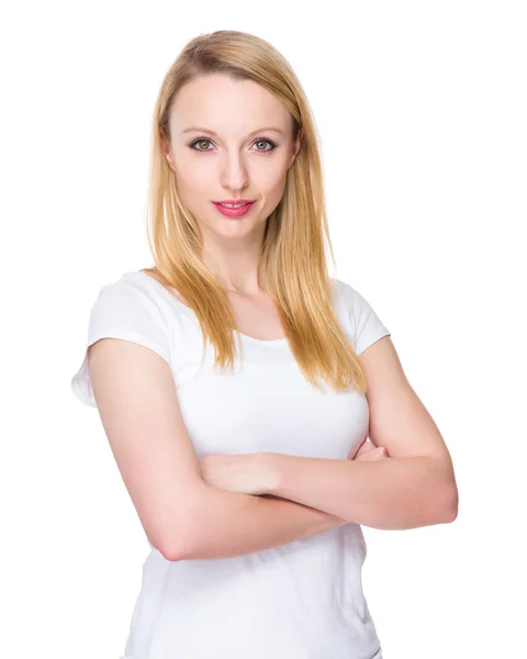 Caucasian young woman in white t-shirt — Stock Photo, Image