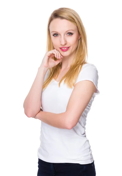 Kaukaski kobieta młody biały t-shirt — Zdjęcie stockowe
