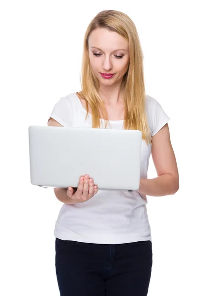 Caucasian young woman in white t-shirt — Stock Photo, Image