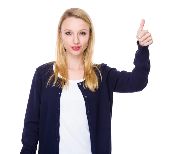 Caucasiano jovem mulher em azul cardigan — Fotografia de Stock