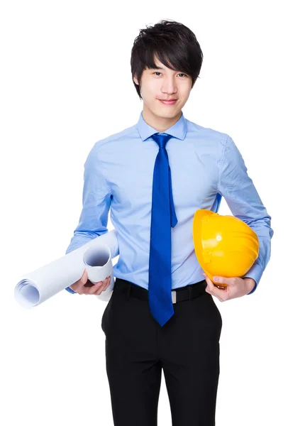 Engineer with blue print and safety helmet — Stock Photo, Image