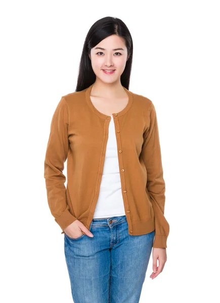 Asian young woman in brown cardigan — Stock Photo, Image