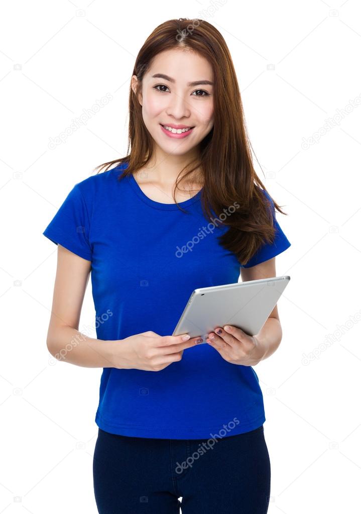 Asian young woman in blue t-shirt
