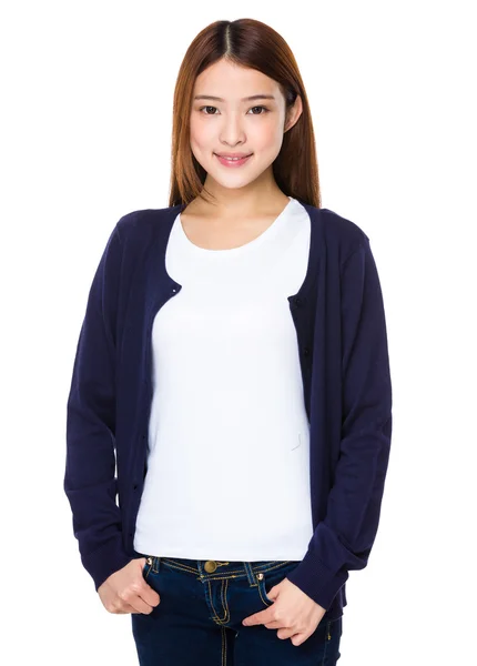 Asian young woman in blue cardigan — Stock Photo, Image