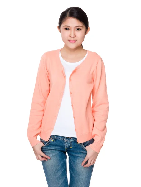 Asian young woman in pink cardigan — Stock Photo, Image