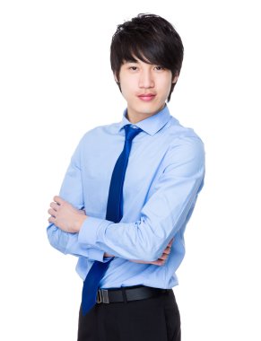 Mavi gömlekli Asya genç işadamı