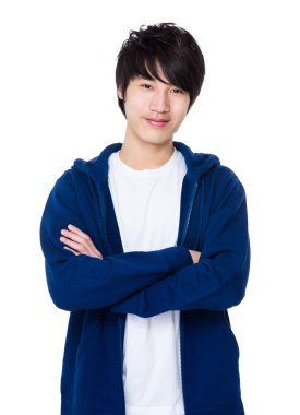 Mavi kazaklı Asya genç adam