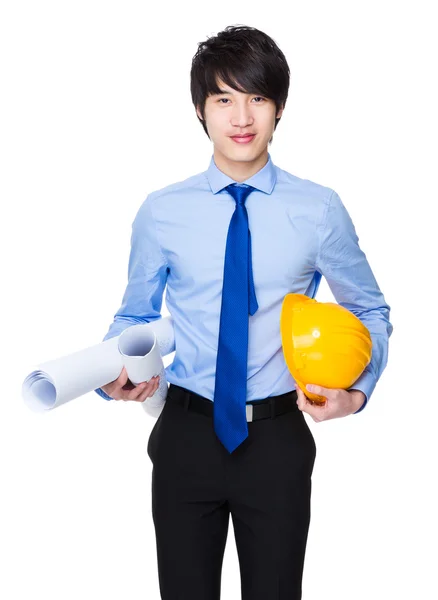 Asian engineer with layout drawing — Stock Photo, Image